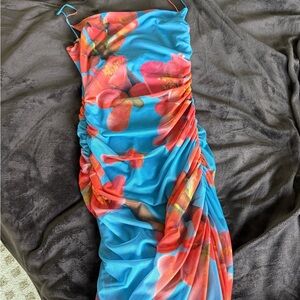 Floral Blue and Red Ruched Dress